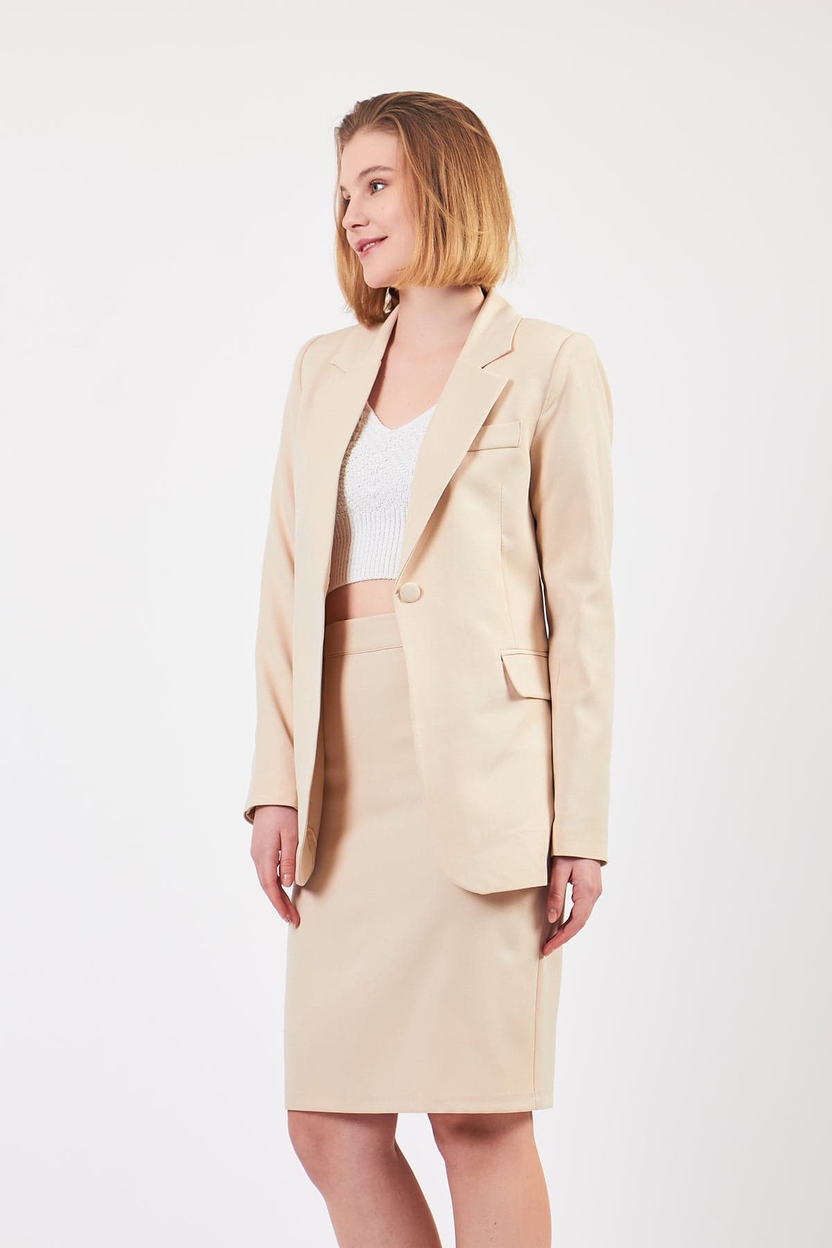 Cream Jacket Skirt Suit