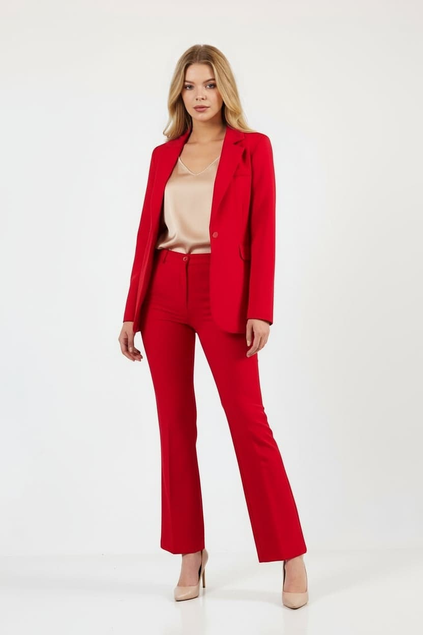 Red Jacket Trousers Suit Dress