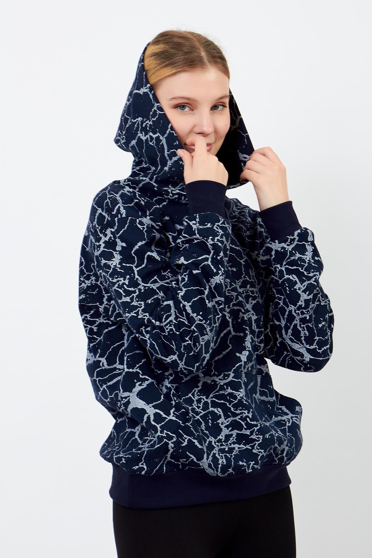 Navy Blue Patterned Hoodie