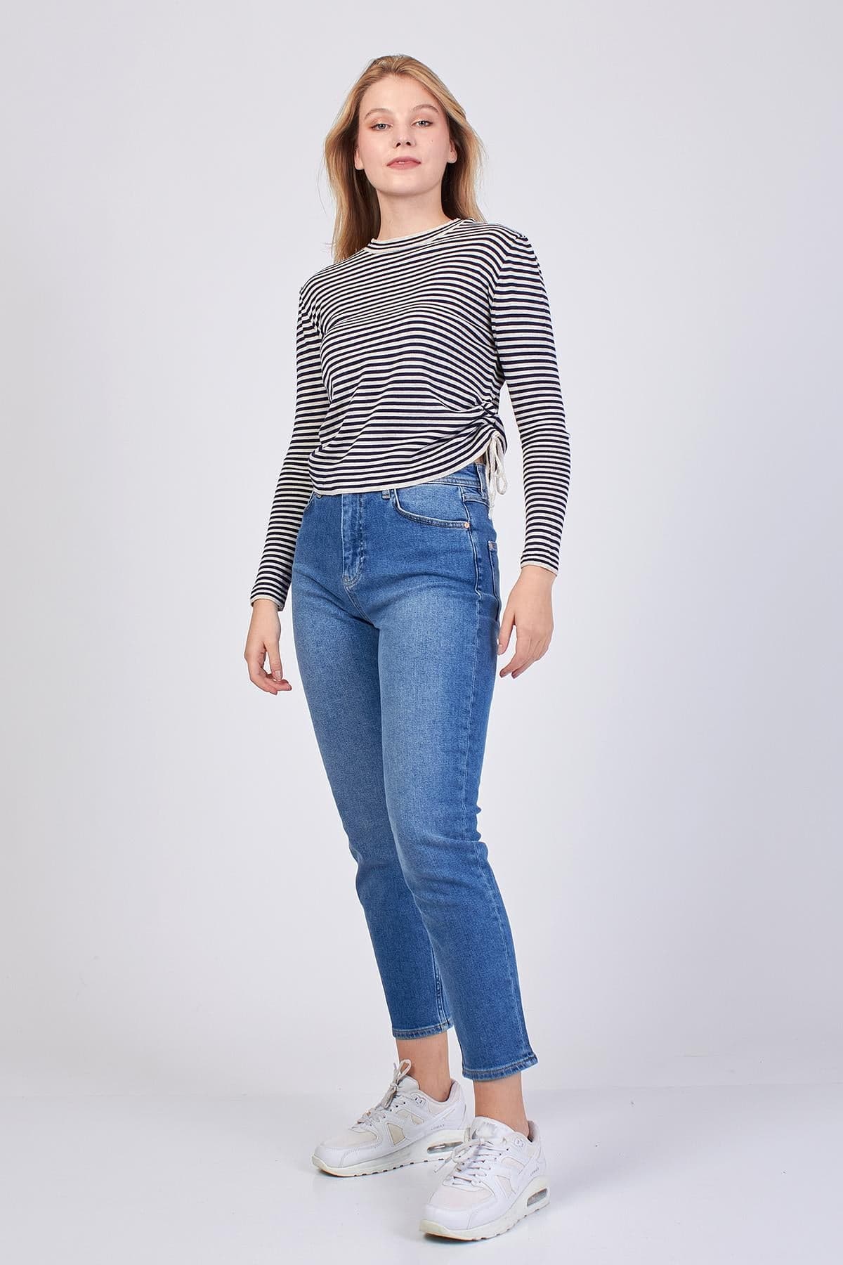 Striped Side Lace-Up Knit Blouse