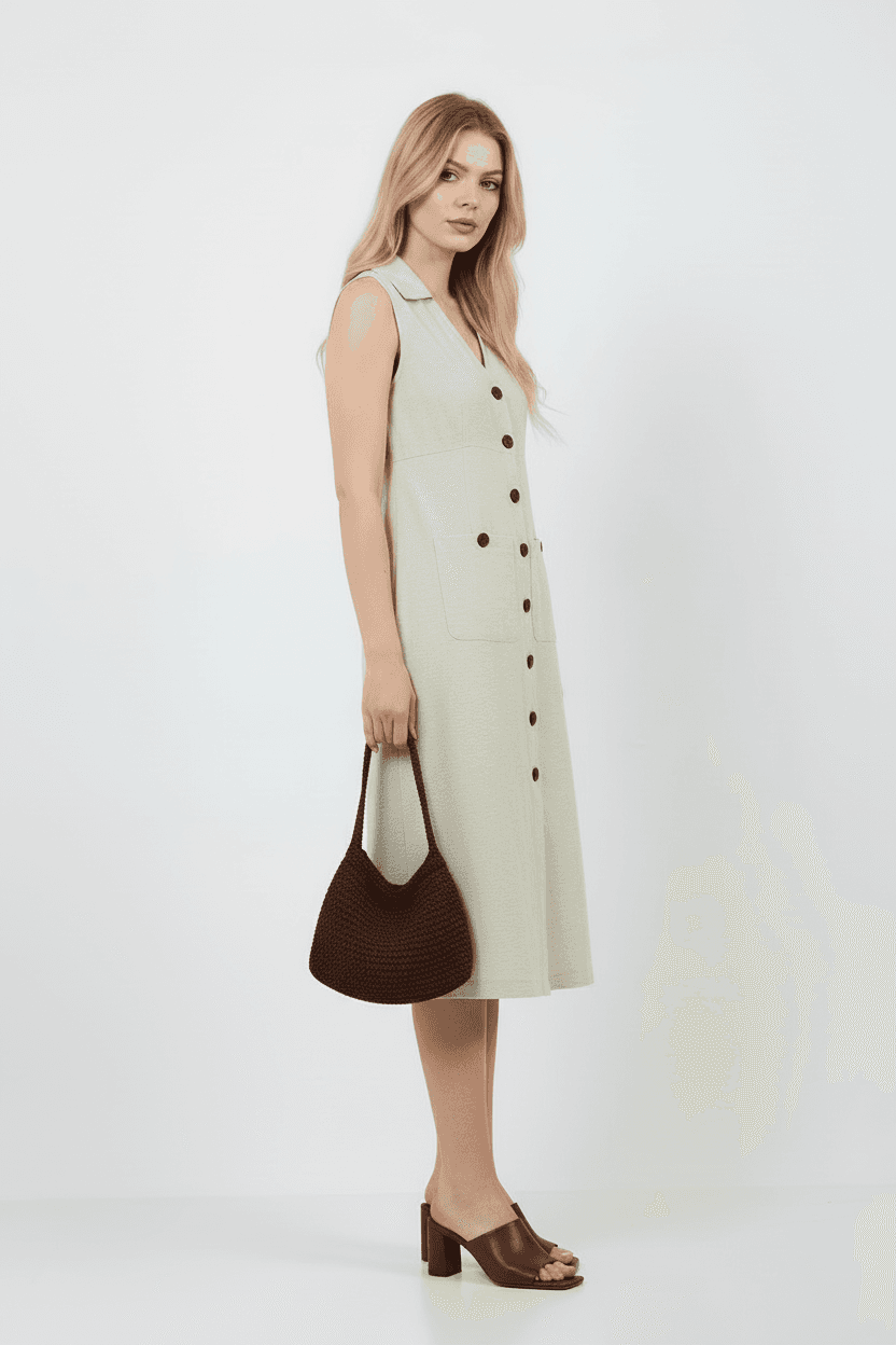 Shirt Collar Front Buttoned Sleeveless Linen Dress