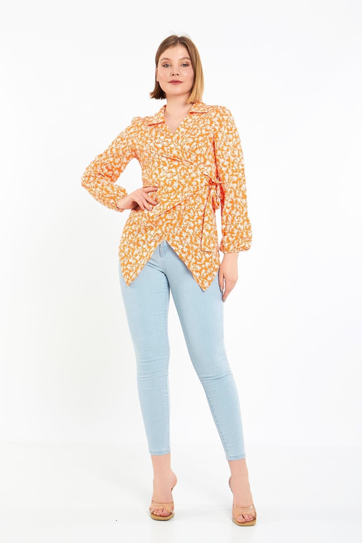 Orange Collared Waist-Tie Blouse