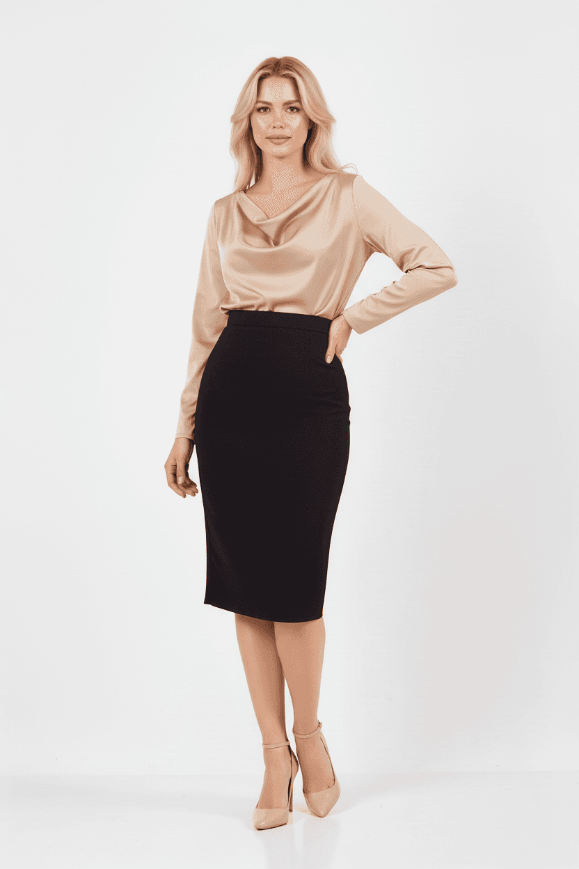 Black Below-Knee Slit Pencil Skirt