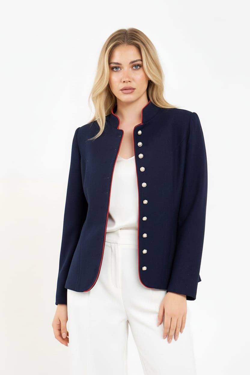 Navy Blue Mandarin Collar Pearl Button Detail Wool Jacket