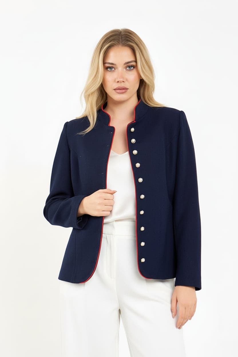 Navy Blue Mandarin Collar Pearl Button Detail Wool Jacket
