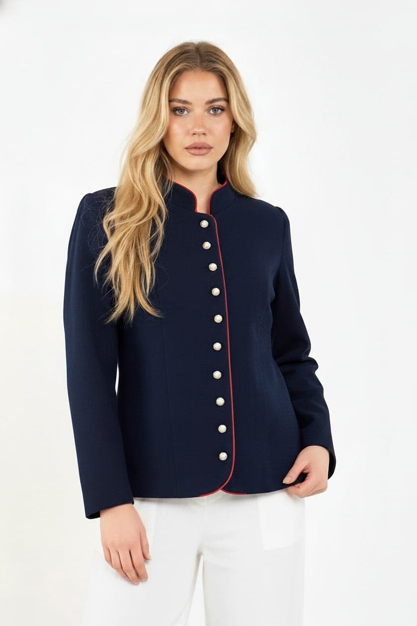 Navy Blue Mandarin Collar Pearl Button Detail Wool Jacket