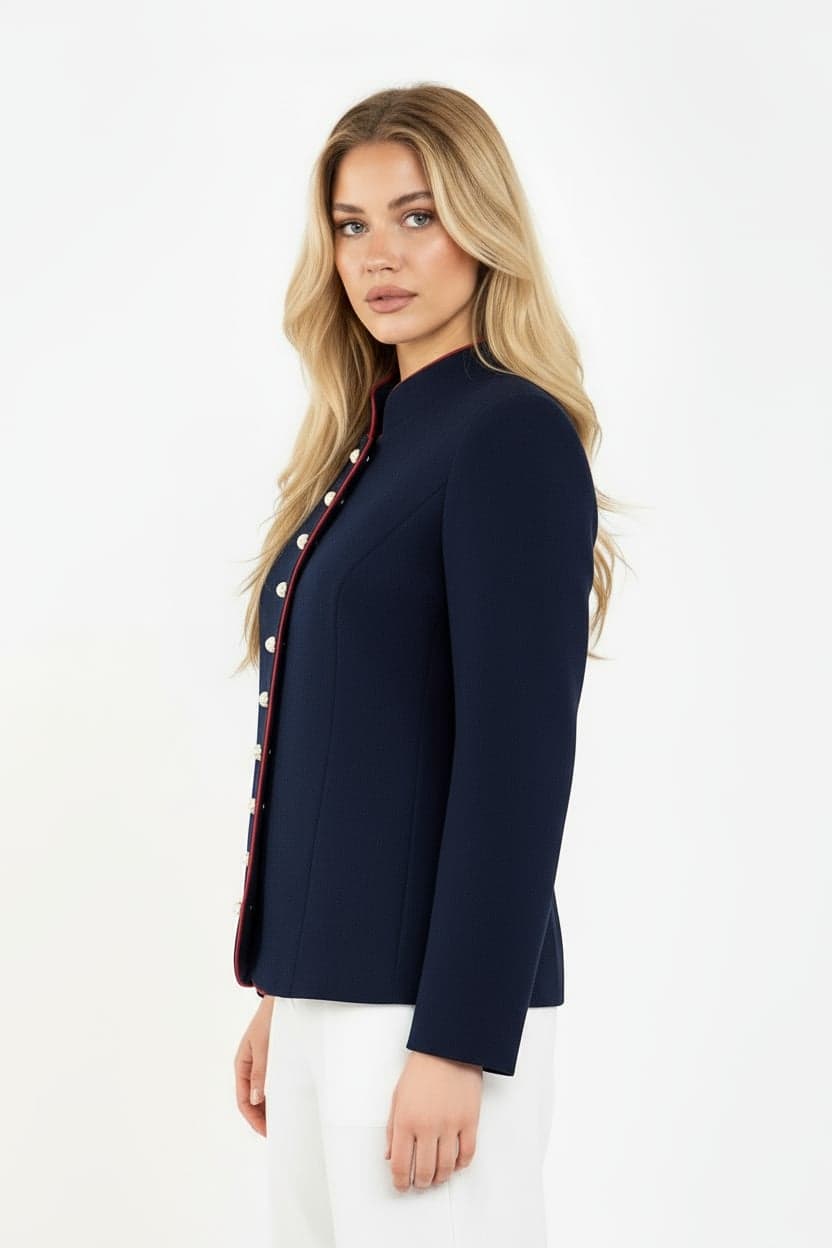 Navy Blue Mandarin Collar Pearl Button Detail Wool Jacket