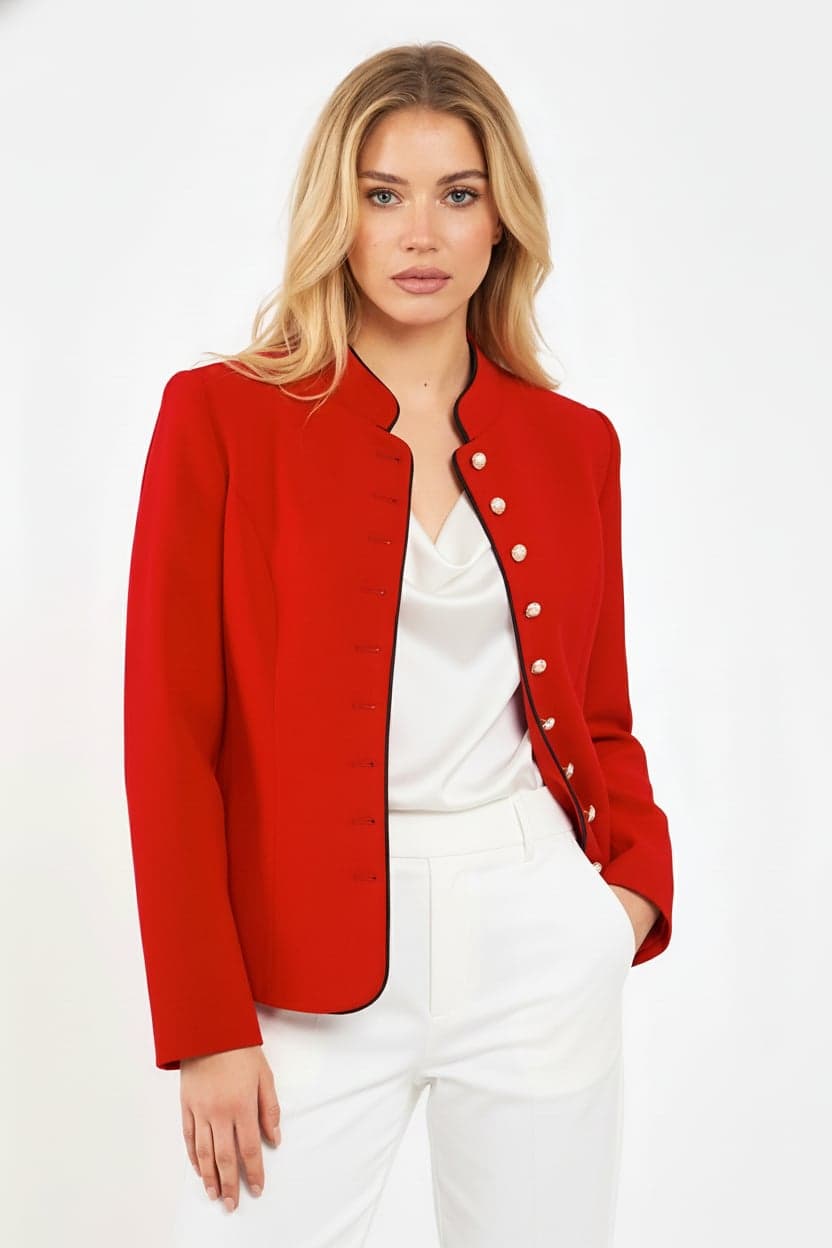 Red Mandarin Collar Pearl Button Detail Wool Jacket
