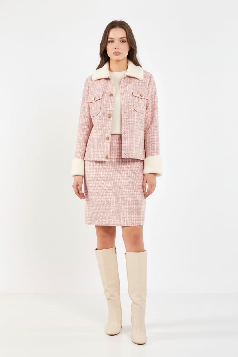 Fur-Trimmed Pink Tweed Jacket Skirt Two-Piece Suit