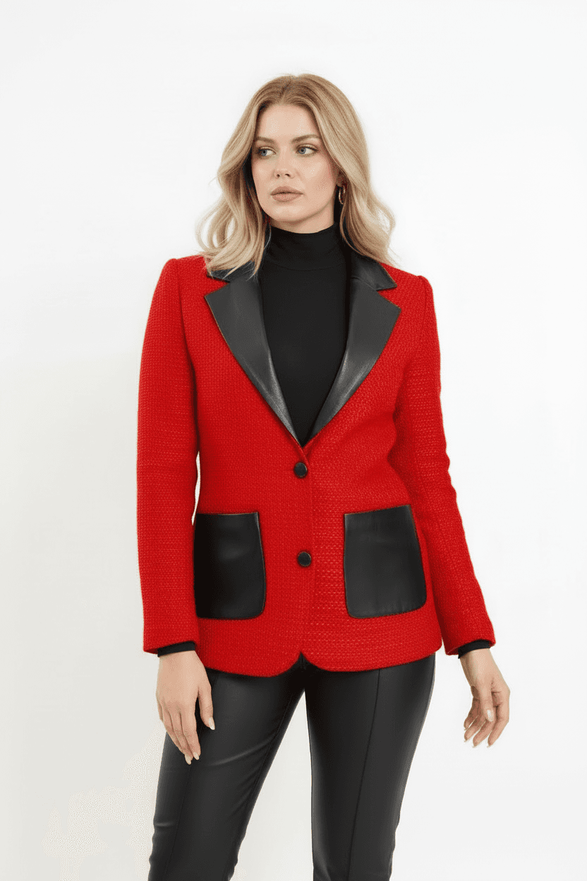 Red Tweed Leather-Detail Jacket