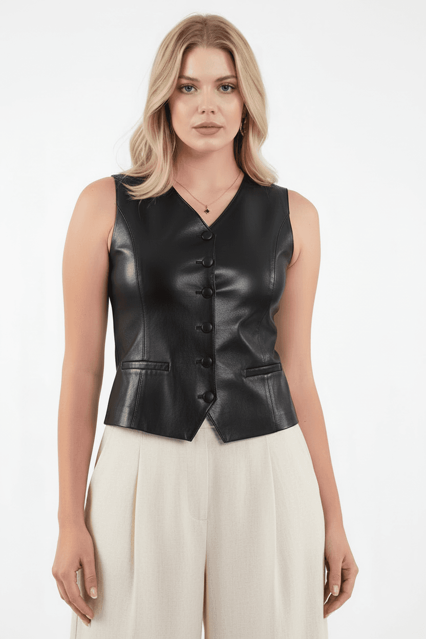 Black Synthetic Leather Vest