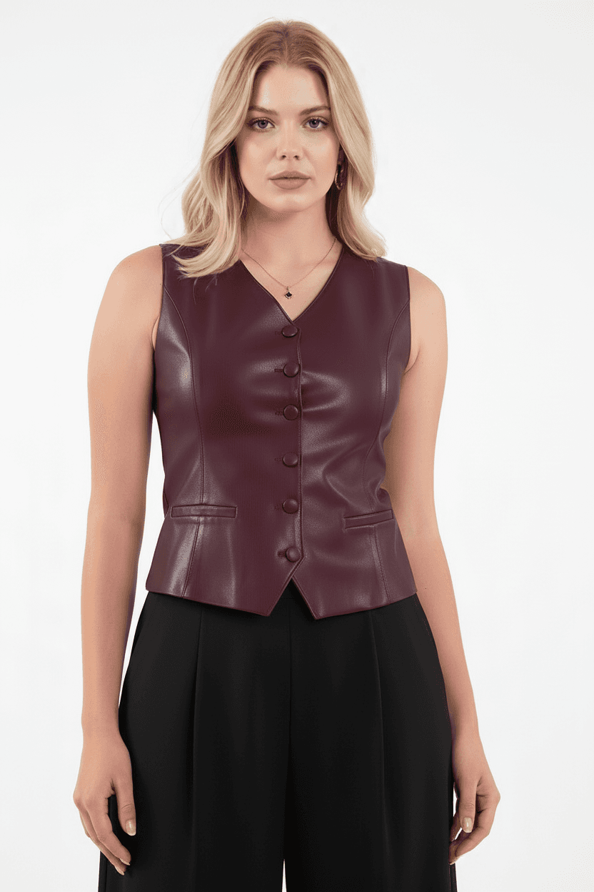 Burgundy Synthetic Leather Vest