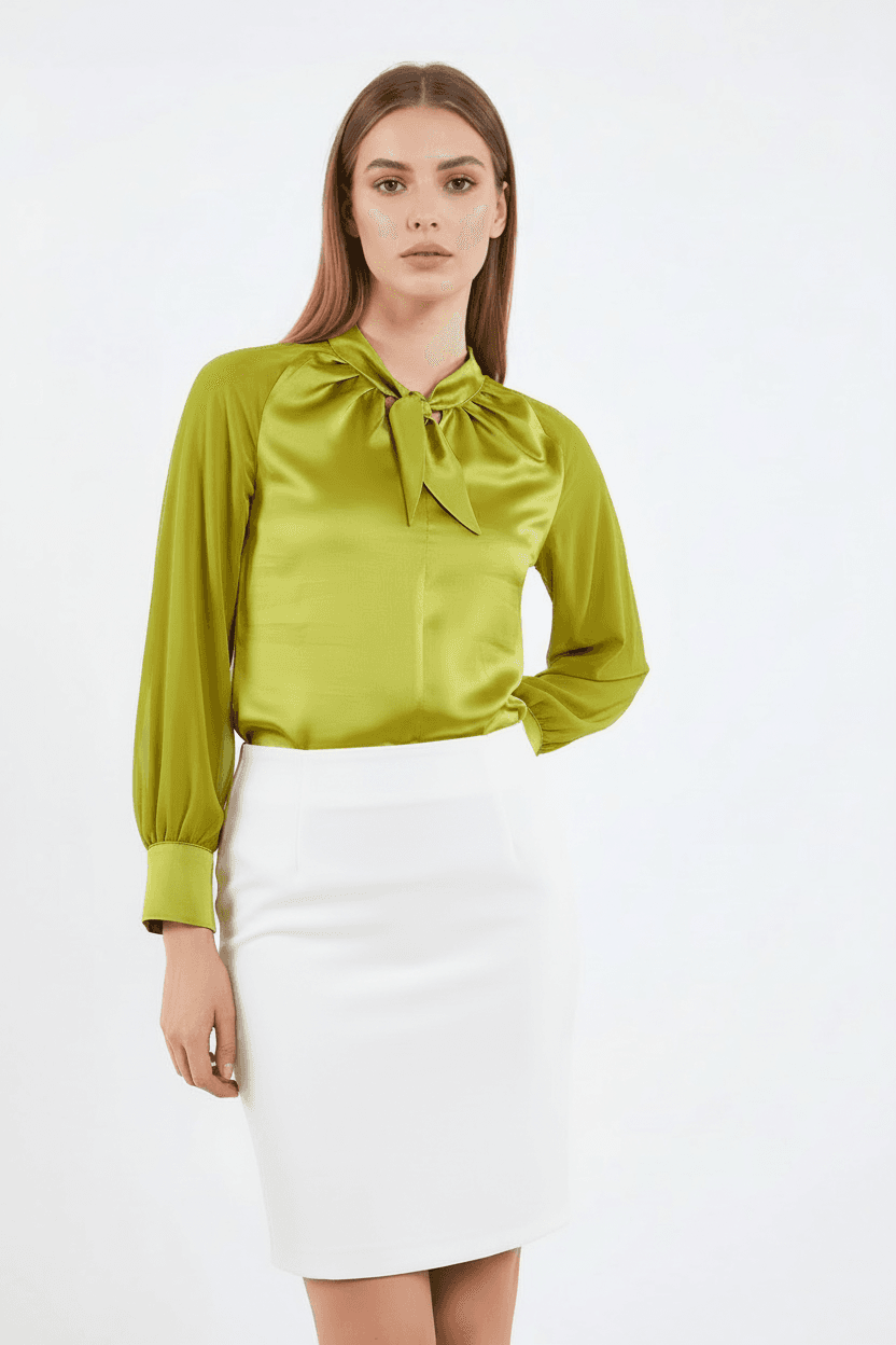 Pistachio Green Chiffon Sleeve Satin Shirt