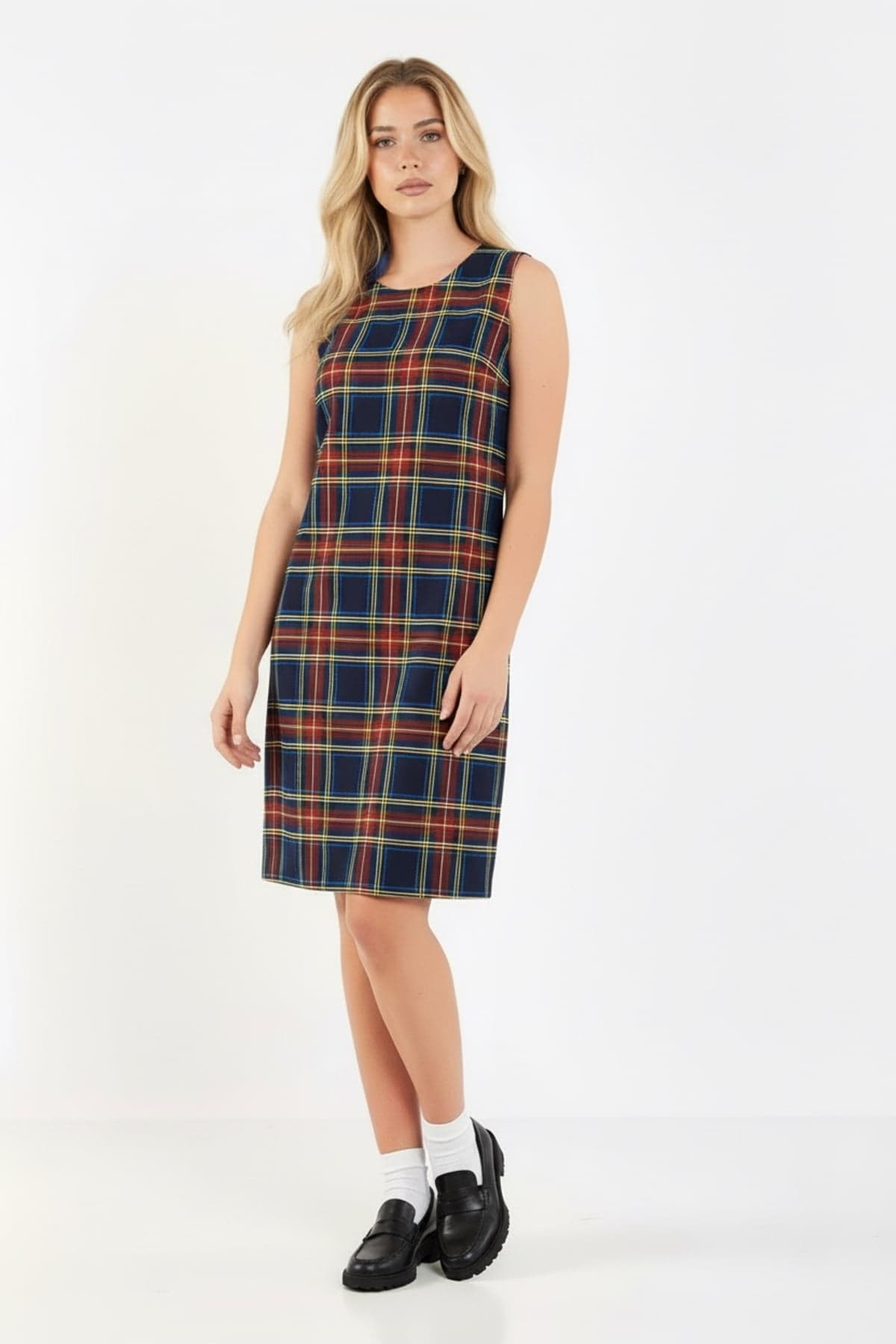 Navy Checked Sleeveless Dress