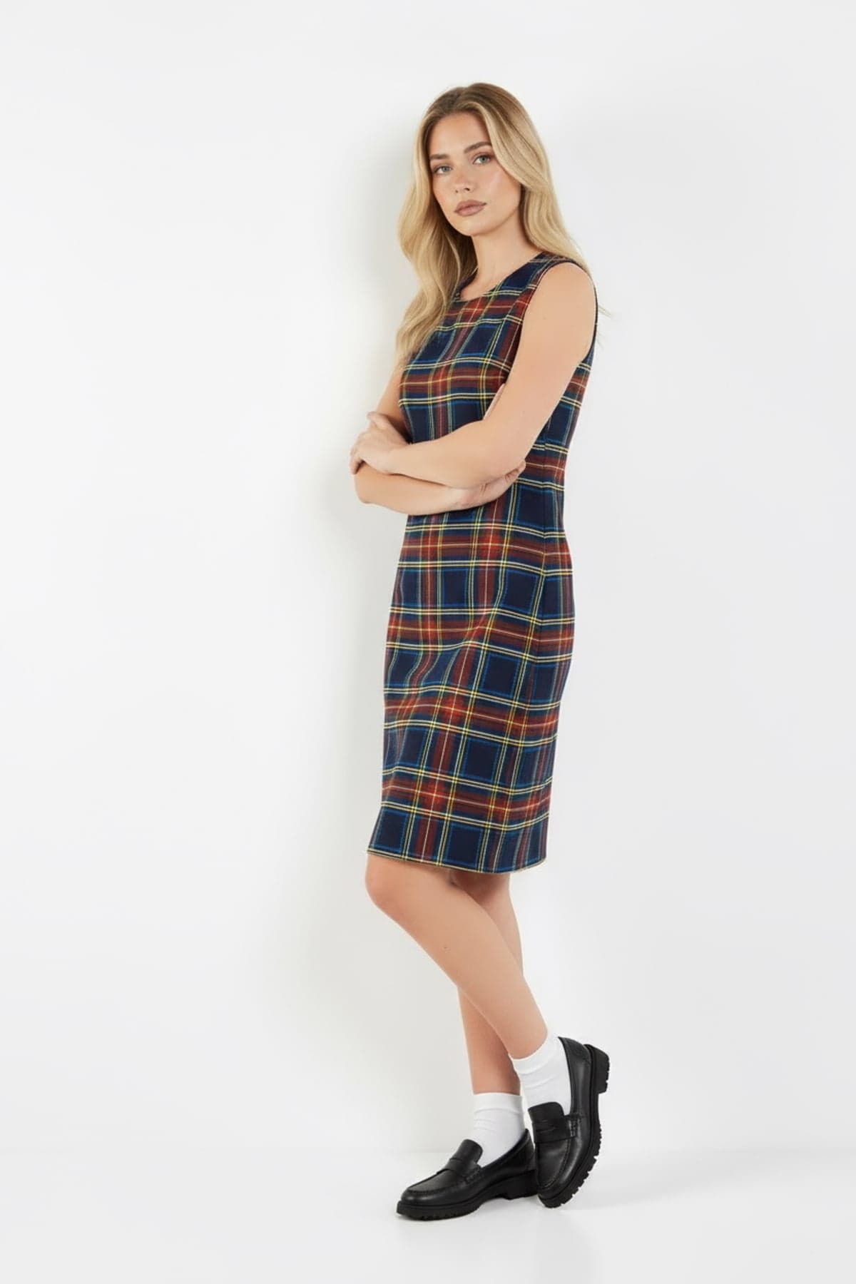 Navy Checked Sleeveless Dress