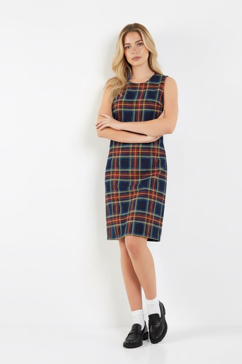 Navy Checked Sleeveless Dress