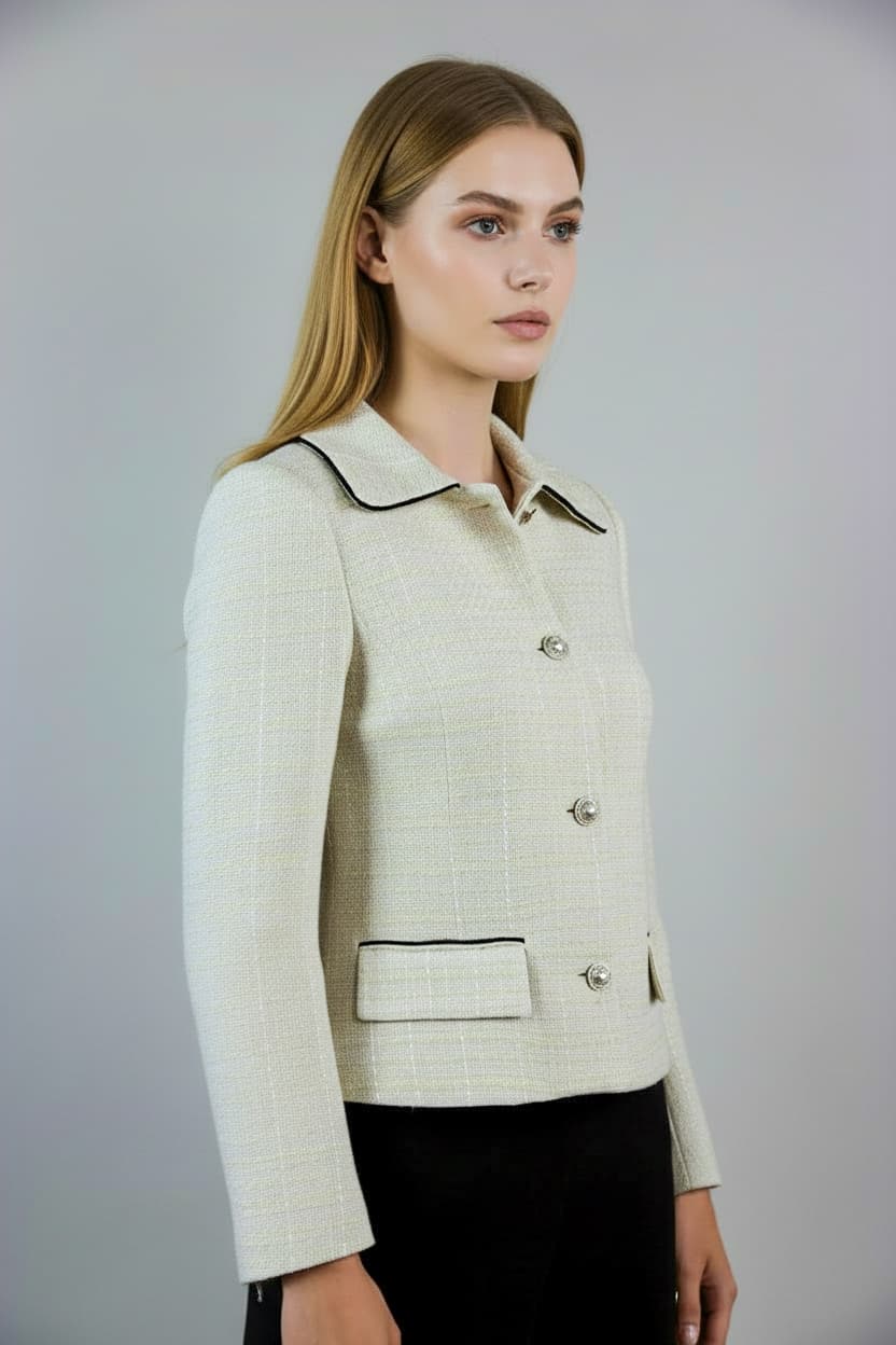 Black Piped and Pearl Button Detail Tweed Jacket