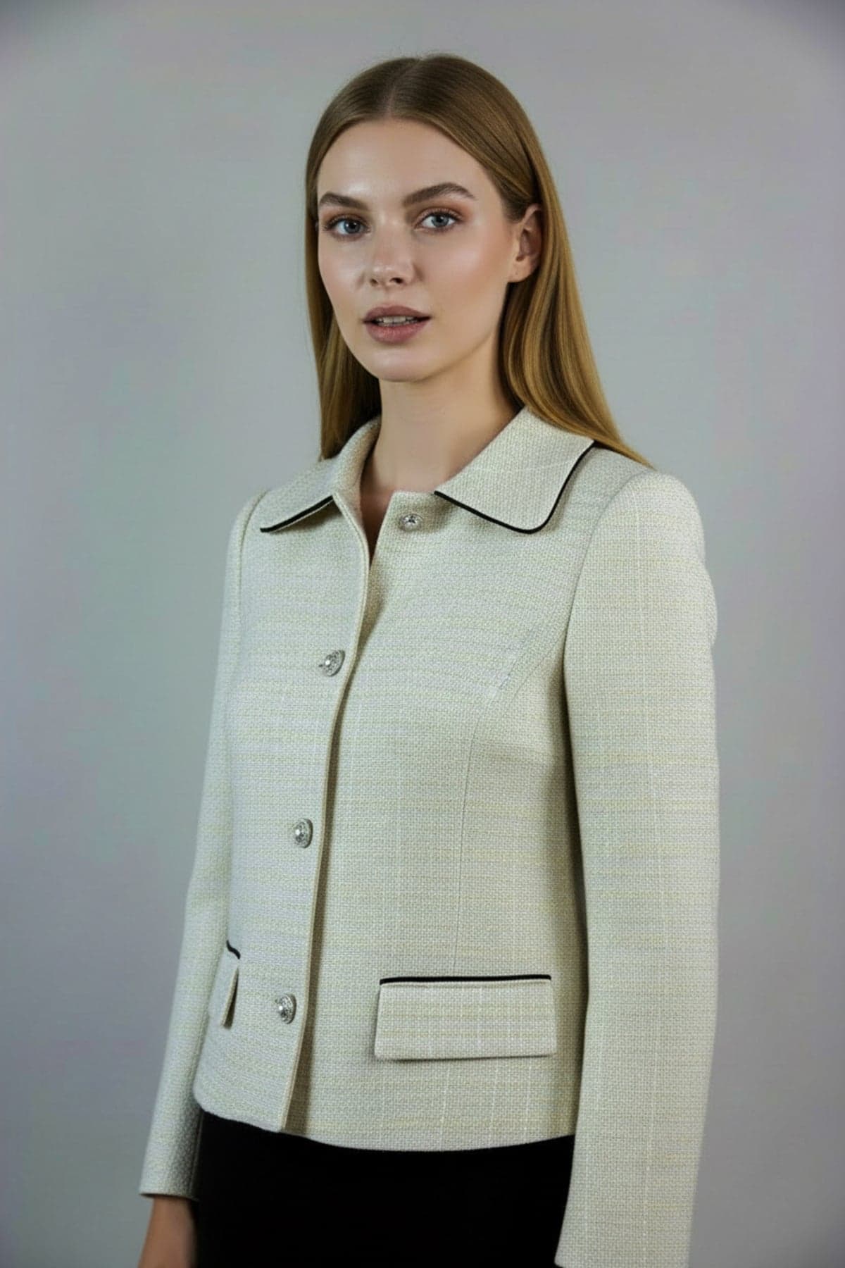 Black Piped and Pearl Button Detail Tweed Jacket