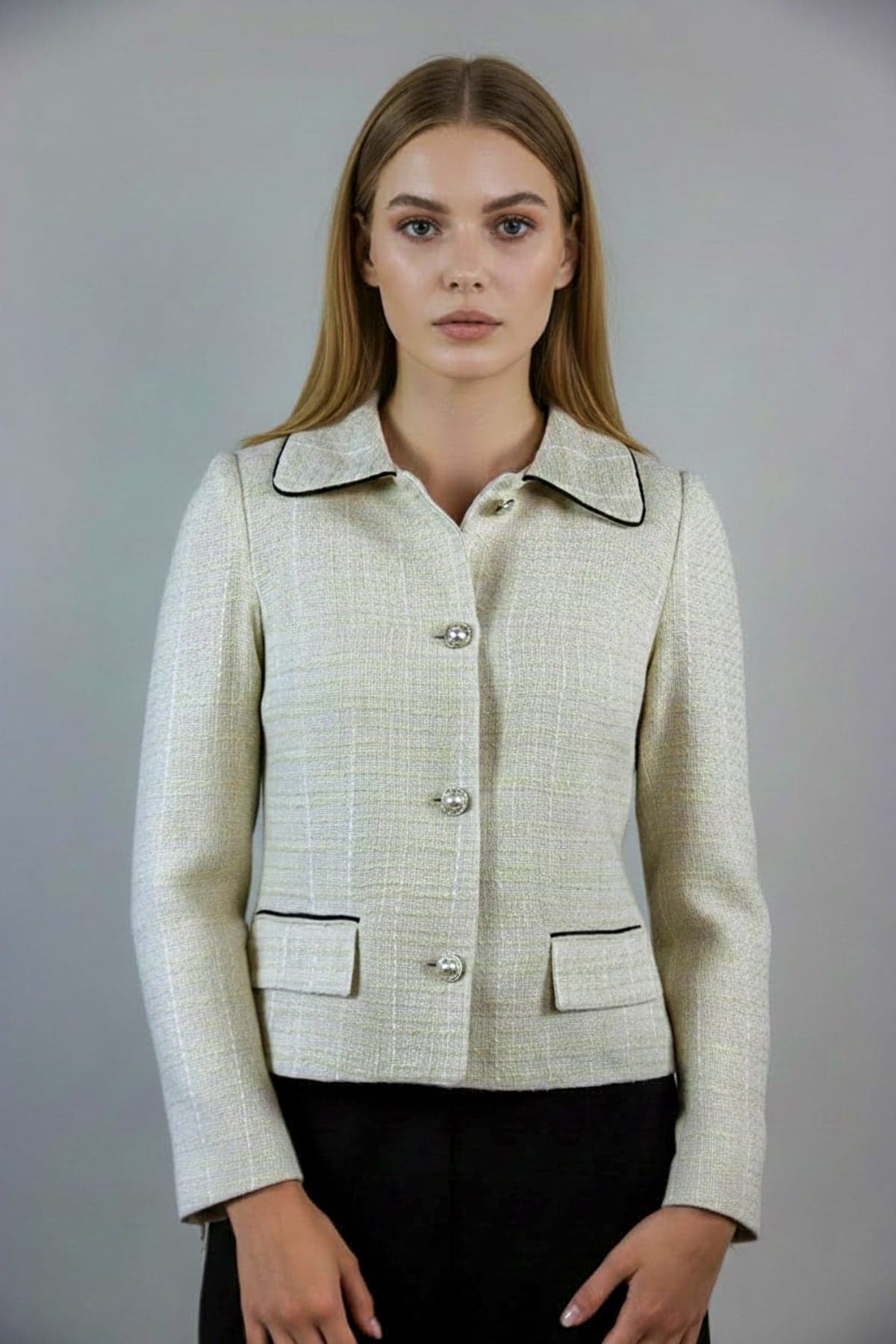 Black Piped and Pearl Button Detail Tweed Jacket
