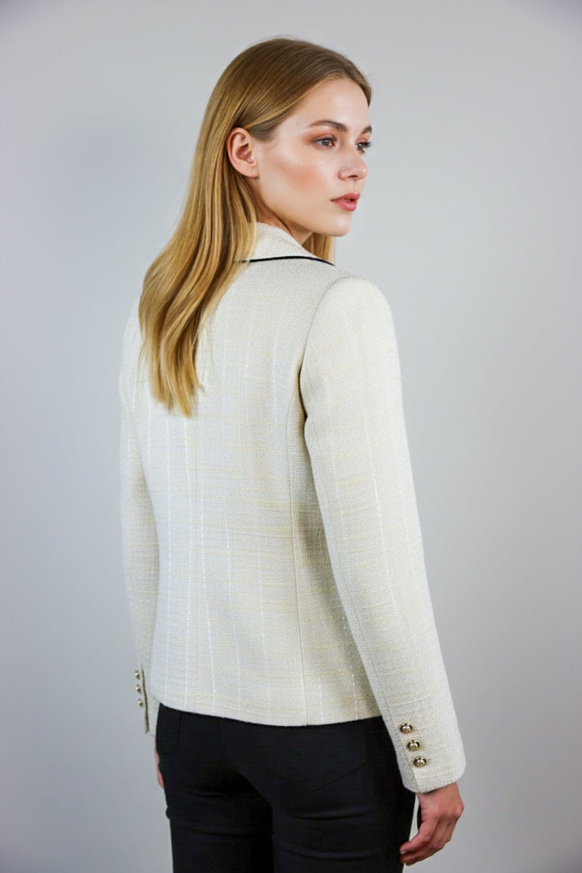 Black Piped and Pearl Button Detail Tweed Jacket