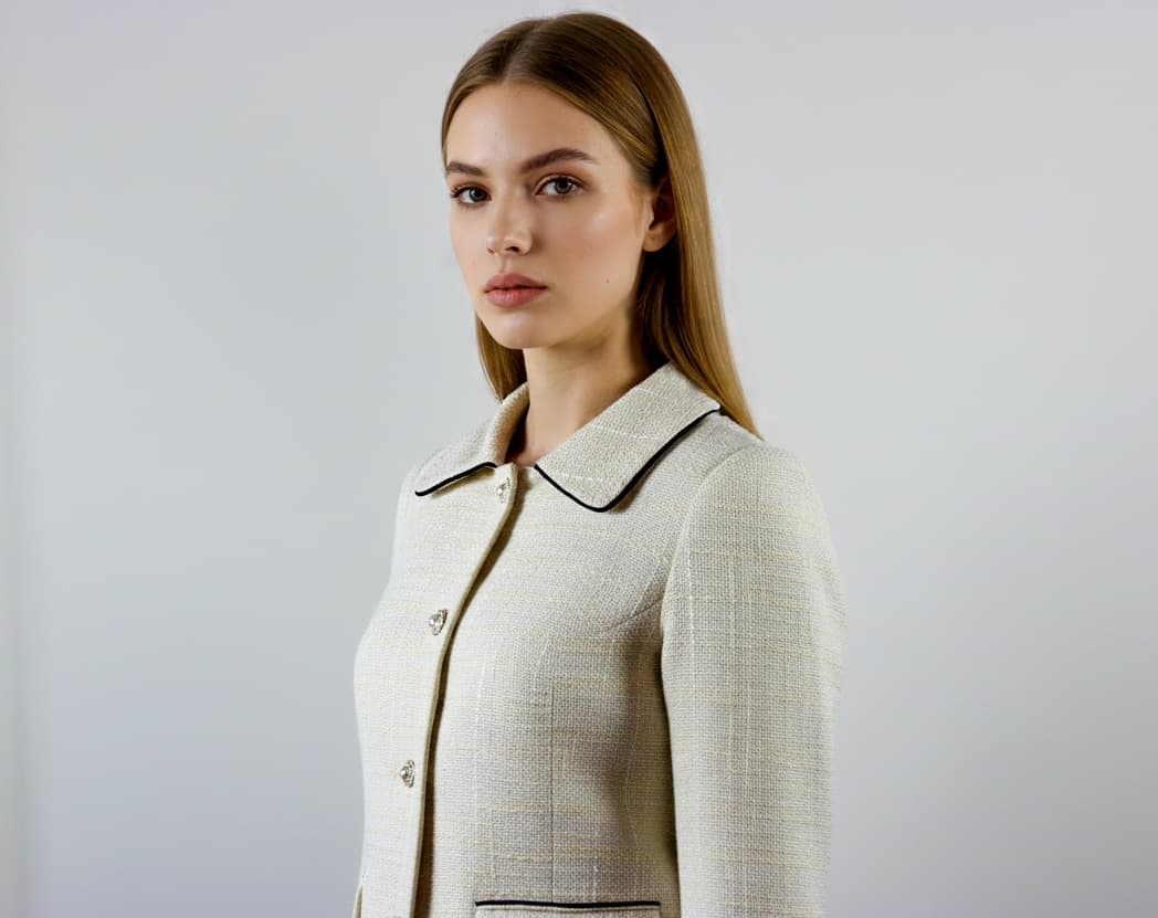 Black Piped and Pearl Button Detail Tweed Jacket