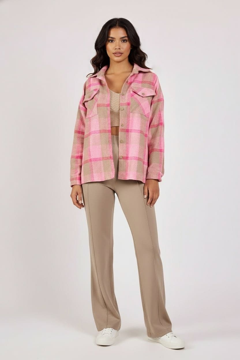 Pink-Beige Plaid Oversize Lumberjack Shirt