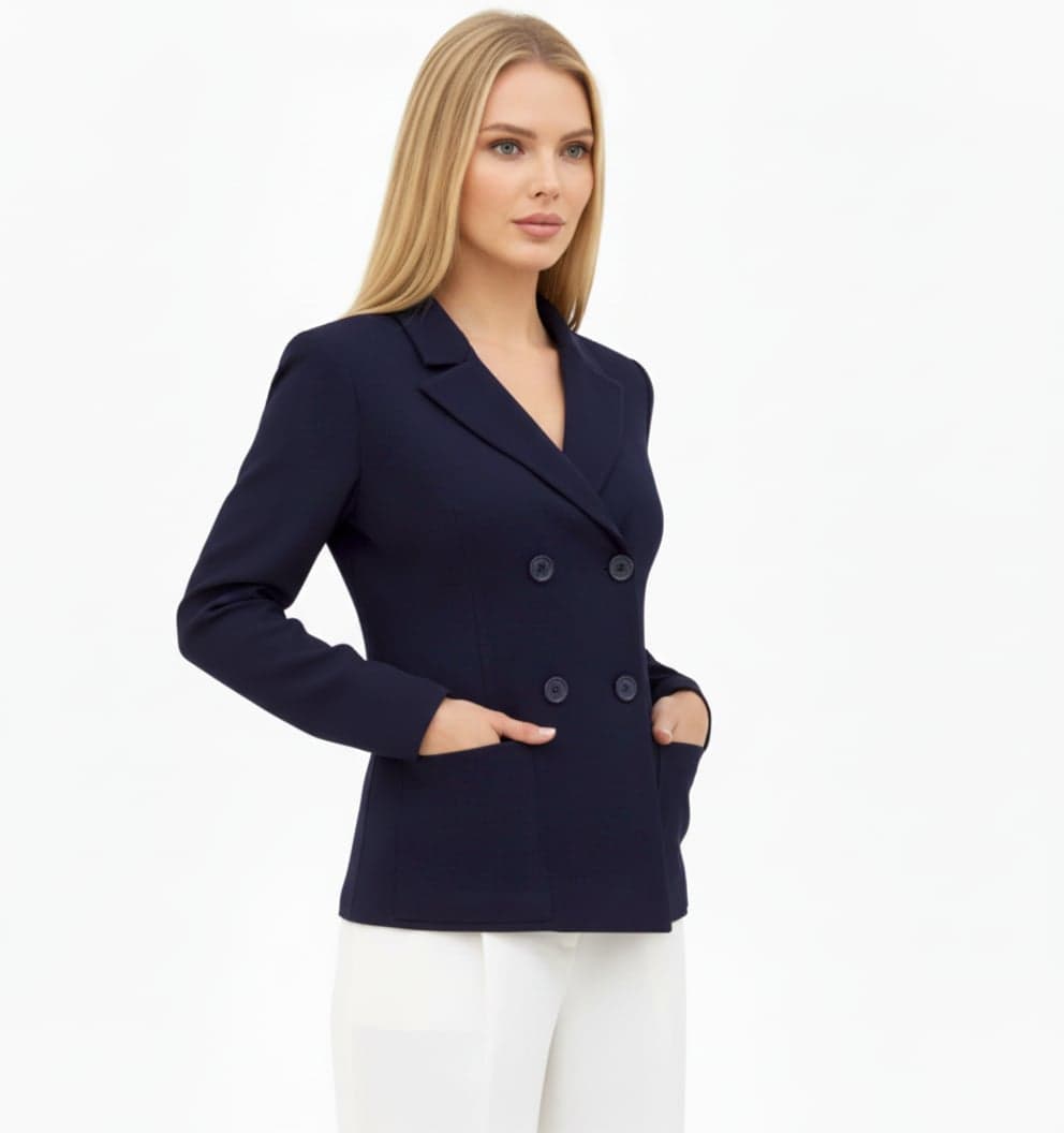 Navy Blue Cashmere Double-Breasted Jacket
