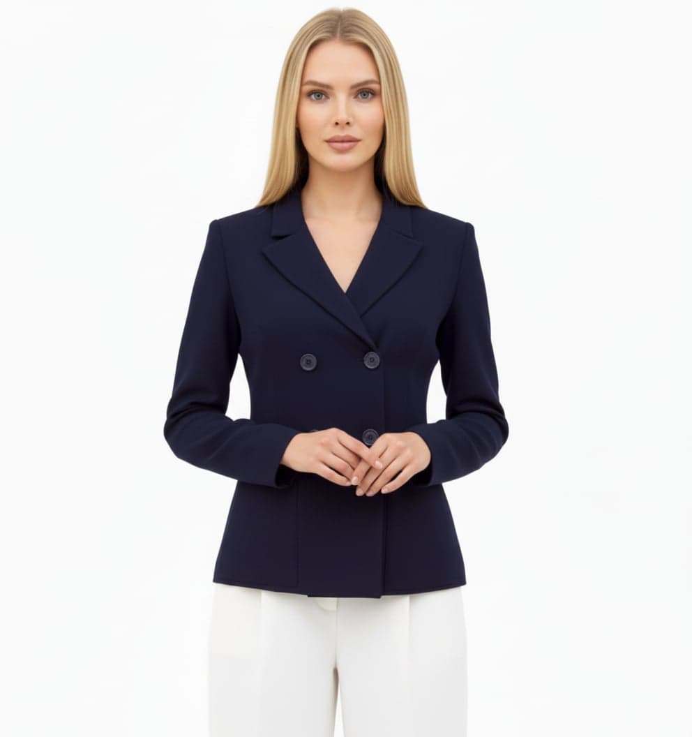 Navy Blue Cashmere Double-Breasted Jacket