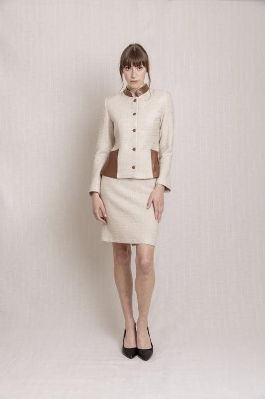 Beige Tweed Jacket Skirt Suit Dress