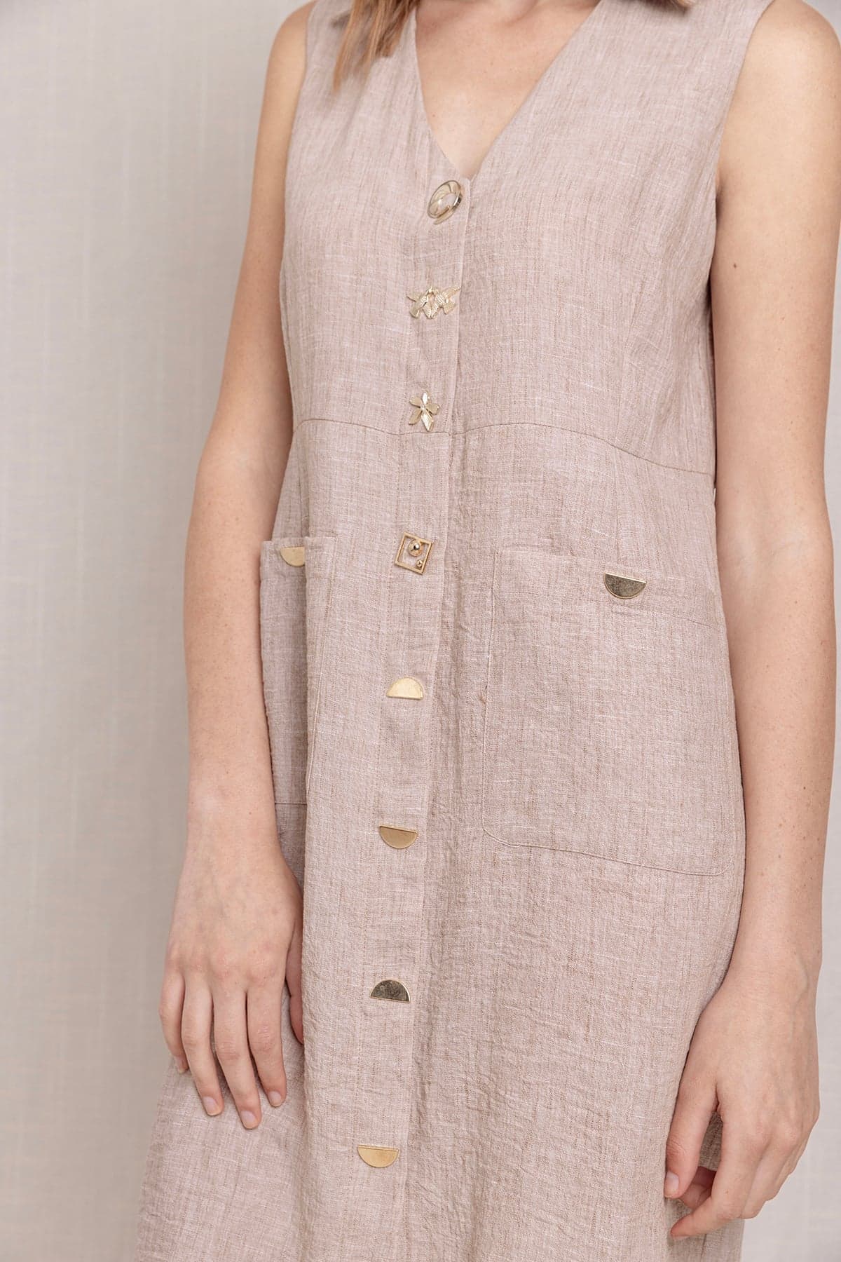 Beige Snap Button Shirt Collar Linen Dress