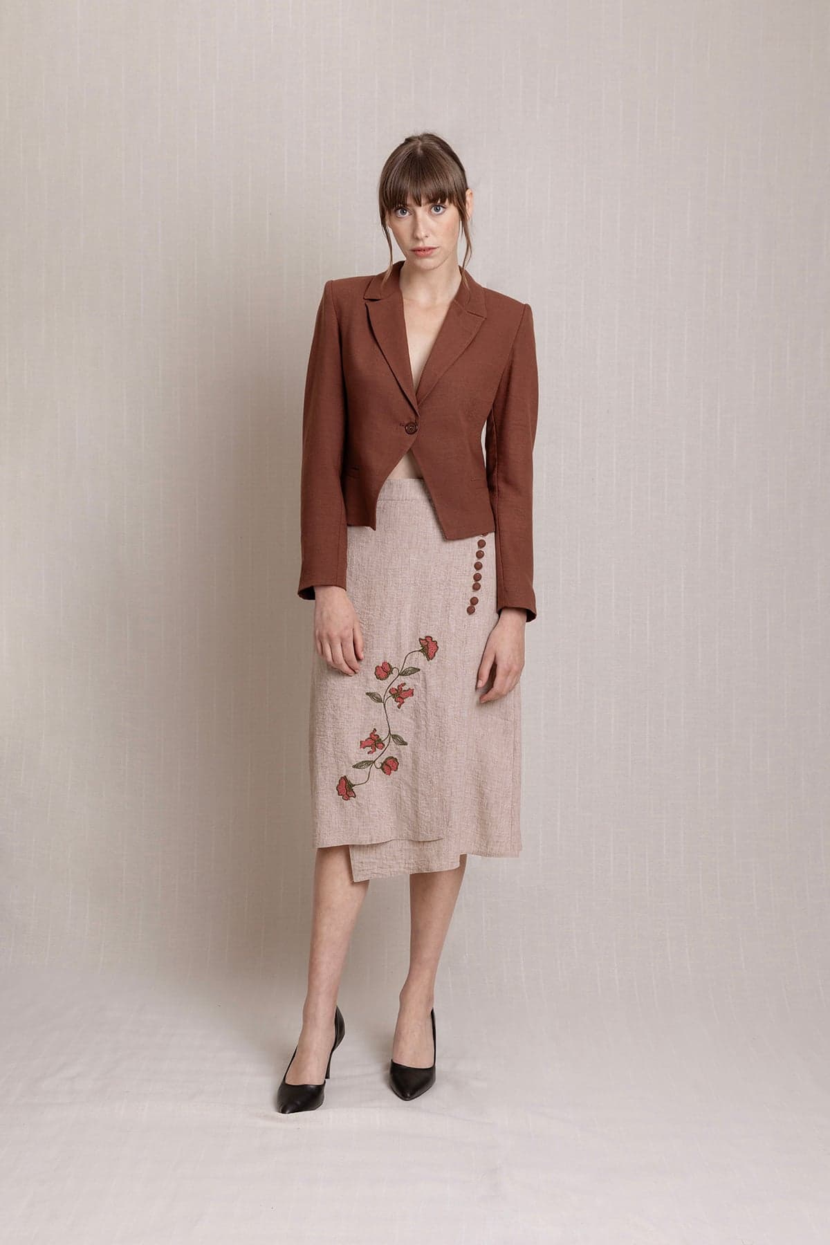 Beige Embroidered Long Envelope Summer Linen Skirt