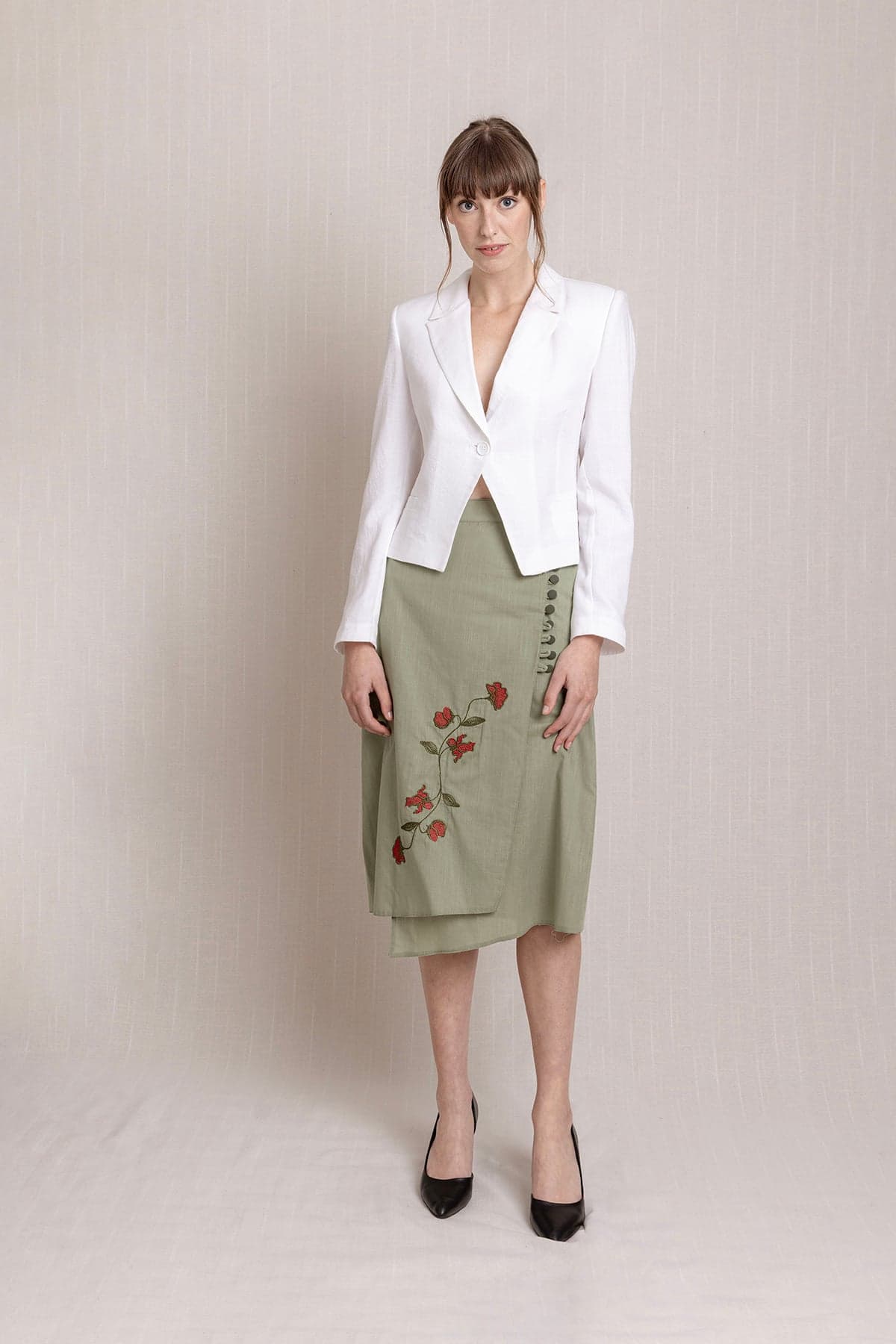 Sage Green Embroidered Long Envelope Summer Linen Skirt