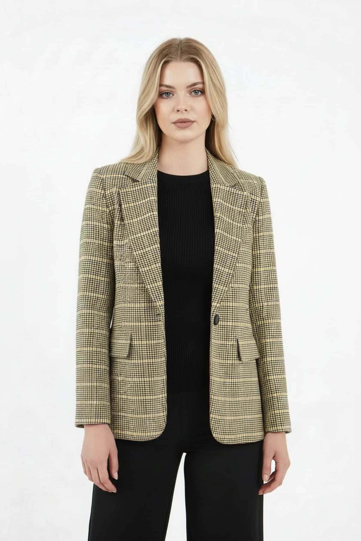 Yellow Single Button Checked Jacket