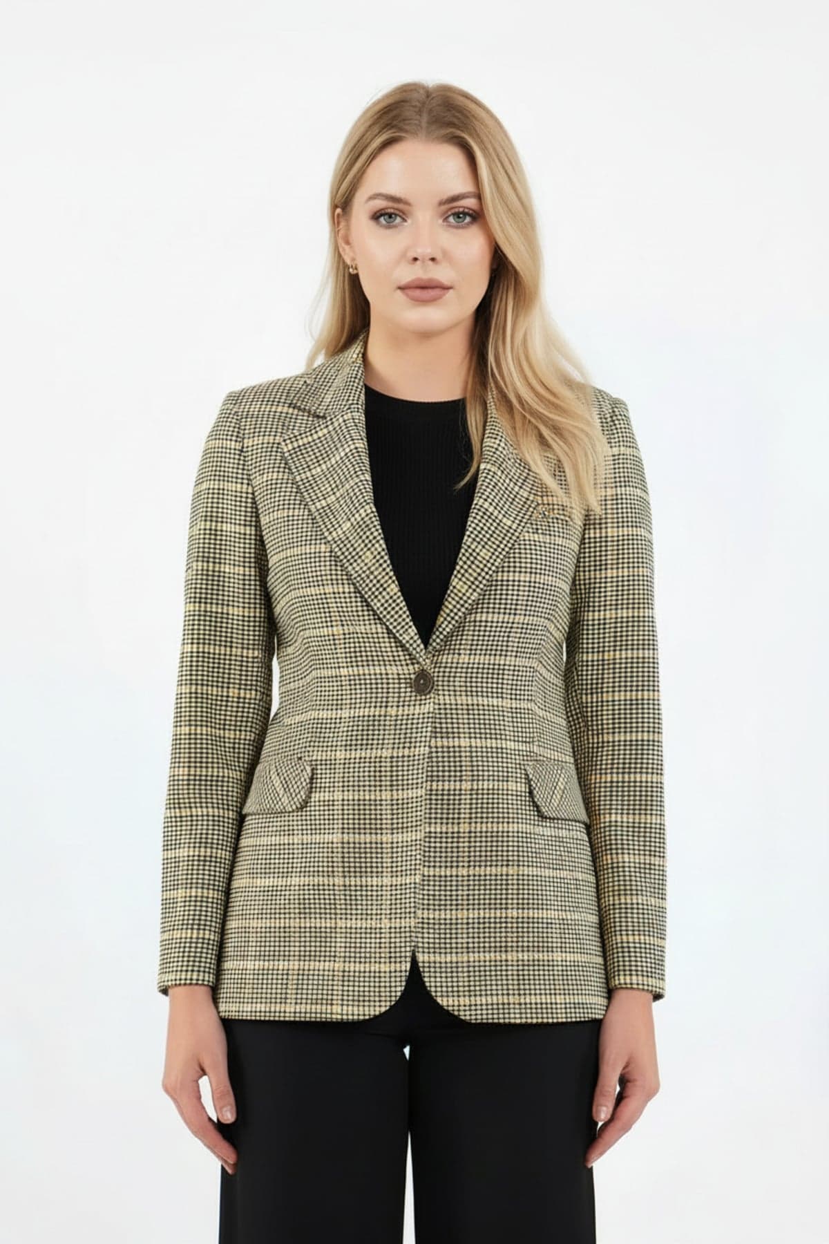 Yellow Single Button Checked Jacket