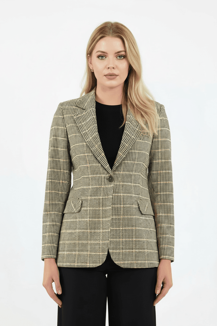 Yellow Single Button Checked Jacket