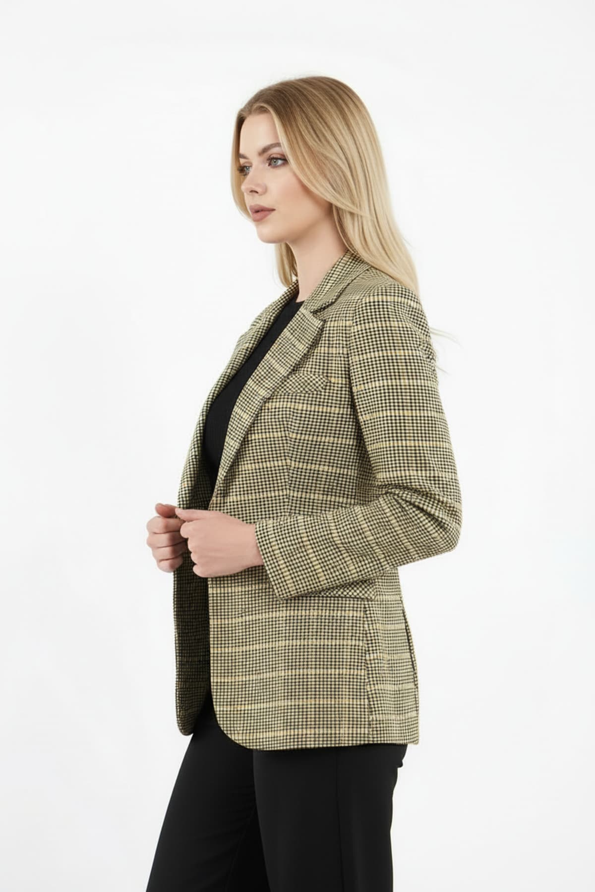 Yellow Single Button Checked Jacket