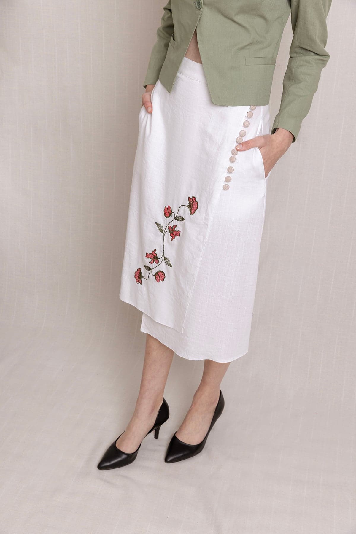 White Embroidered Long Envelope Summer Linen Skirt
