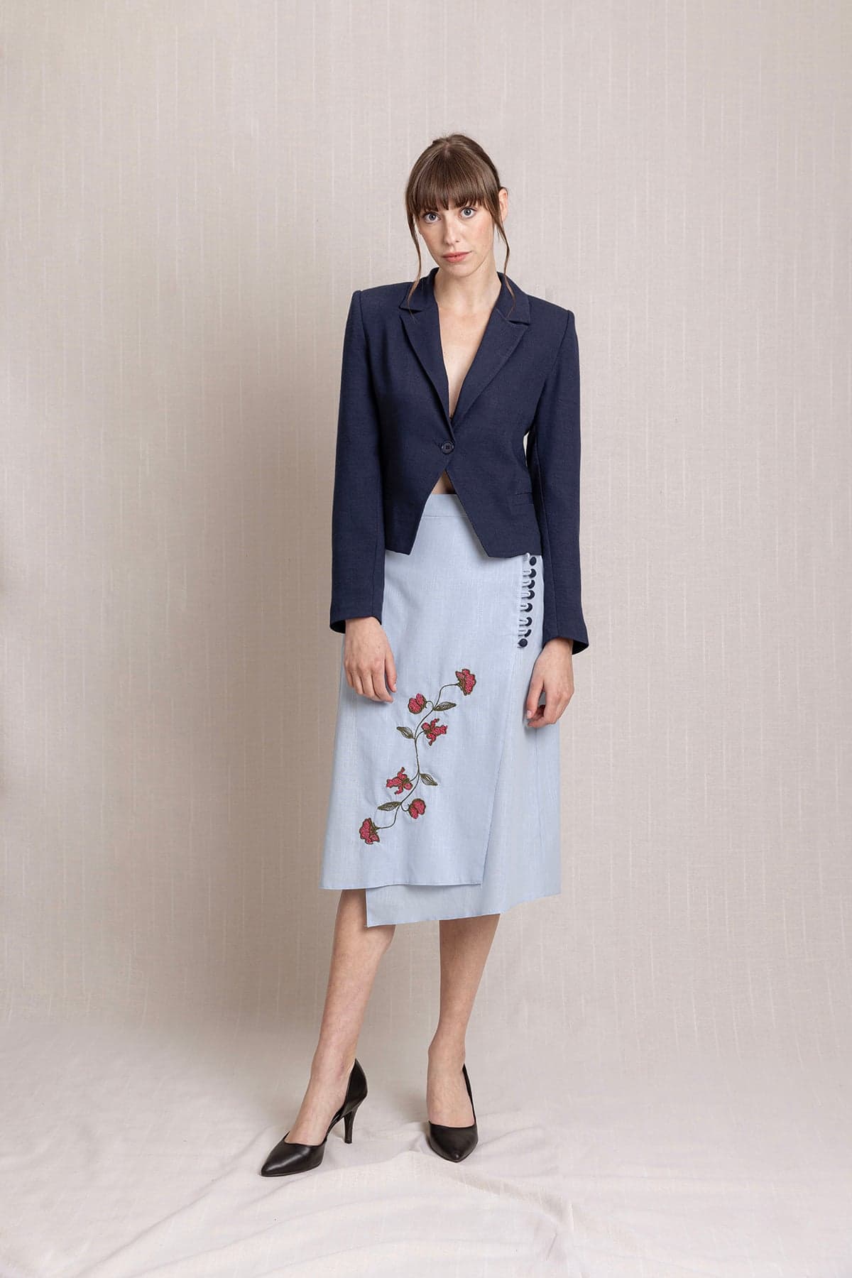 Blue Embroidered Long Envelope Summer Linen Skirt