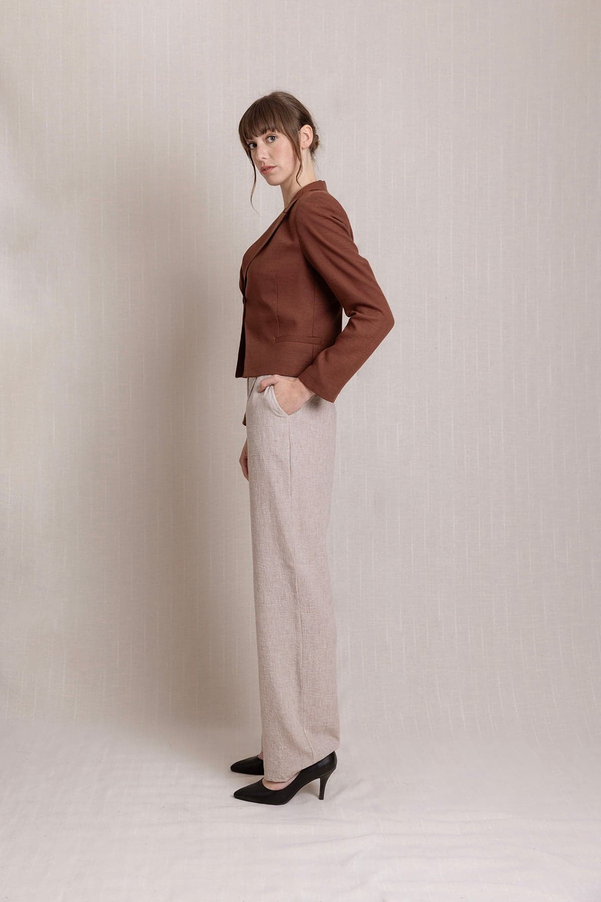 Beige Pleated Palazzo Linen Trousers