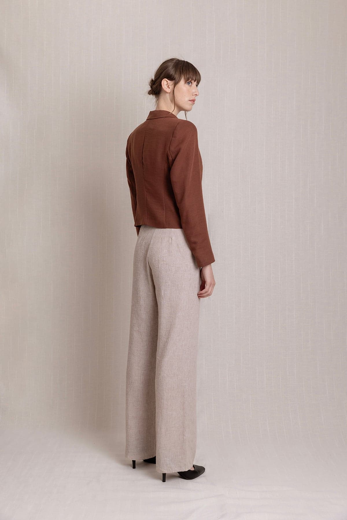 Beige Pleated Palazzo Linen Trousers