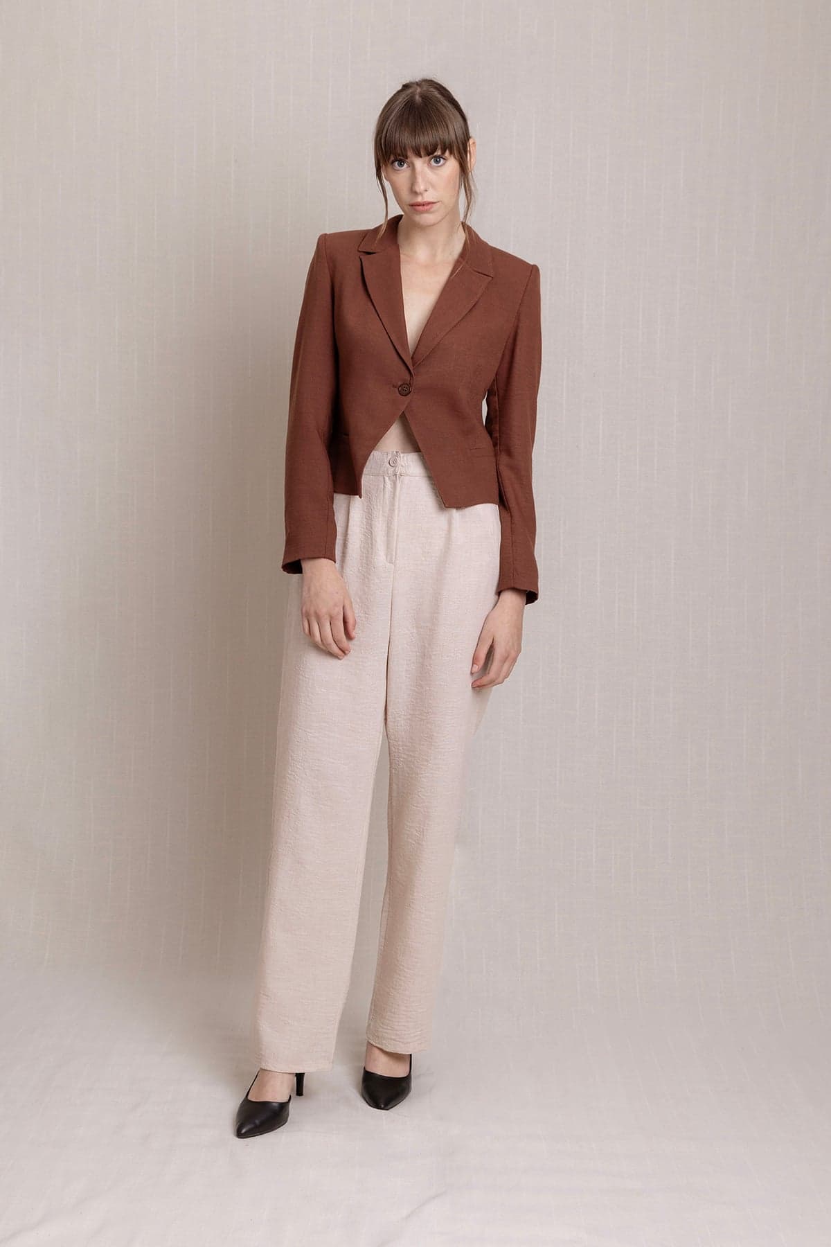 Cream Pleated Palazzo Linen Trousers