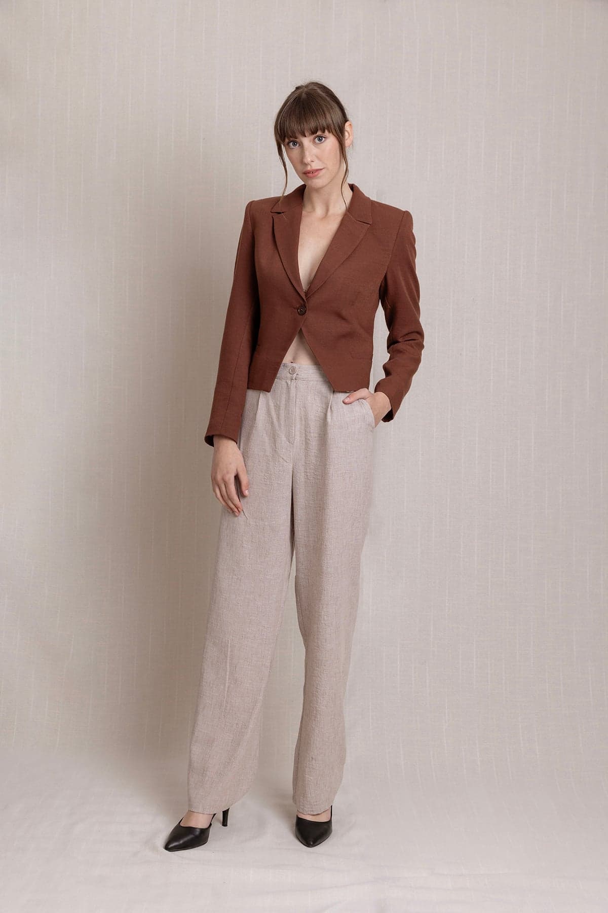 Cream Pleated Palazzo Linen Trousers