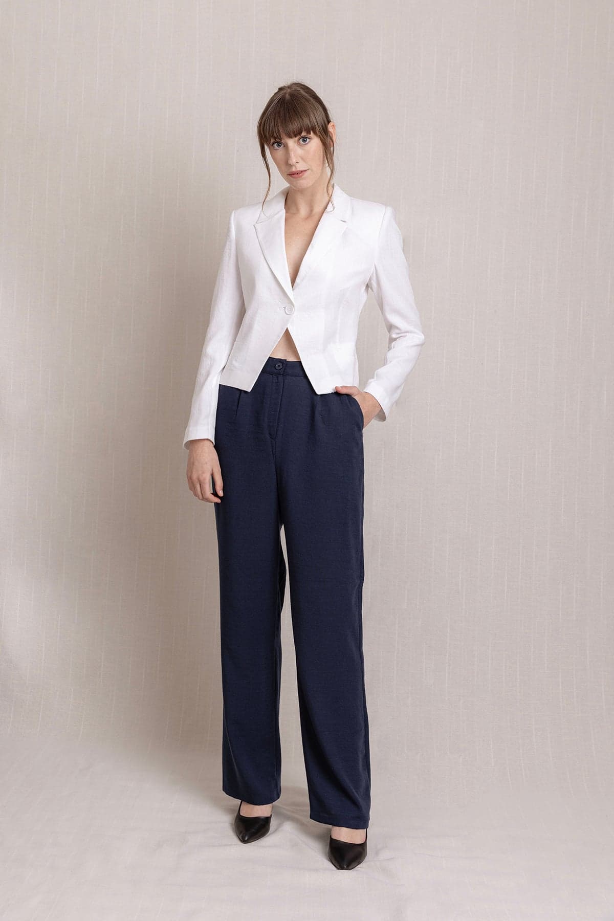 Navy Blue Pleated Palazzo Linen Pants