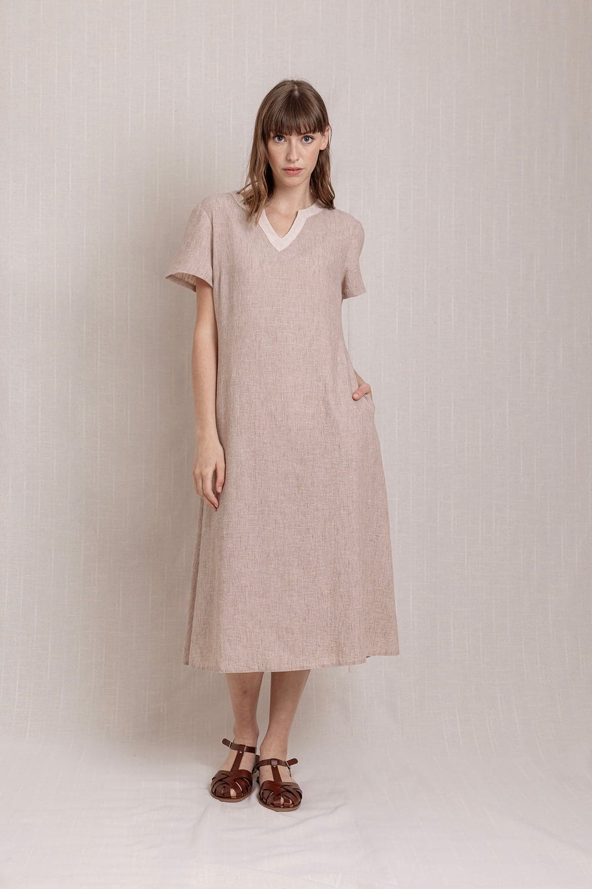 Cream V-Neck Pocket Linen Dress