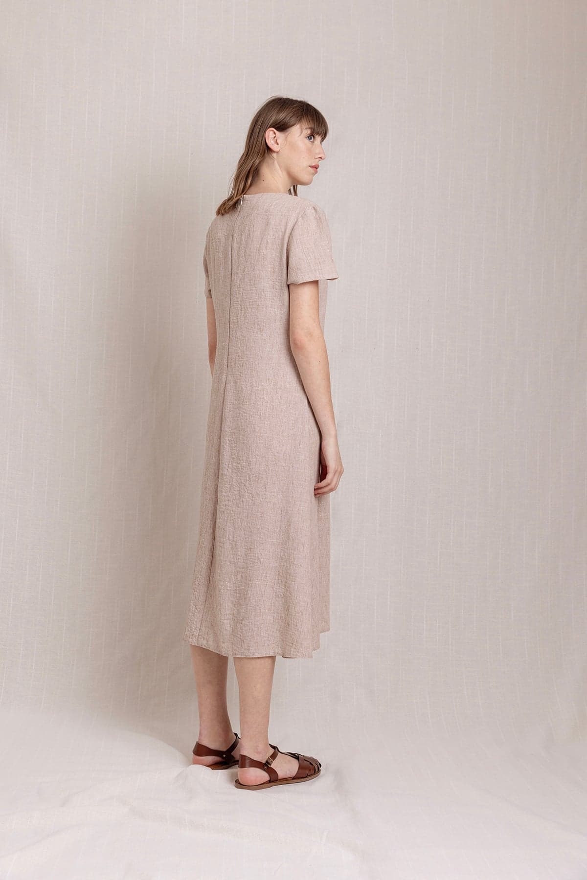 Cream V-Neck Pocket Linen Dress