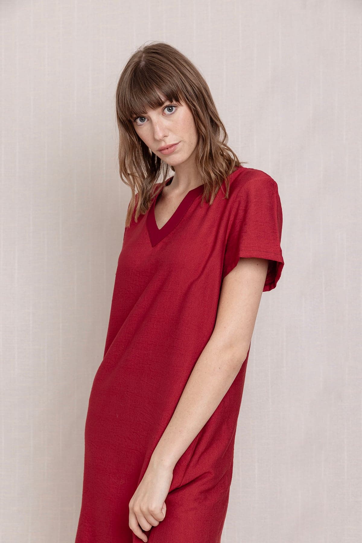 Red V-Neck Pocket Linen Dress