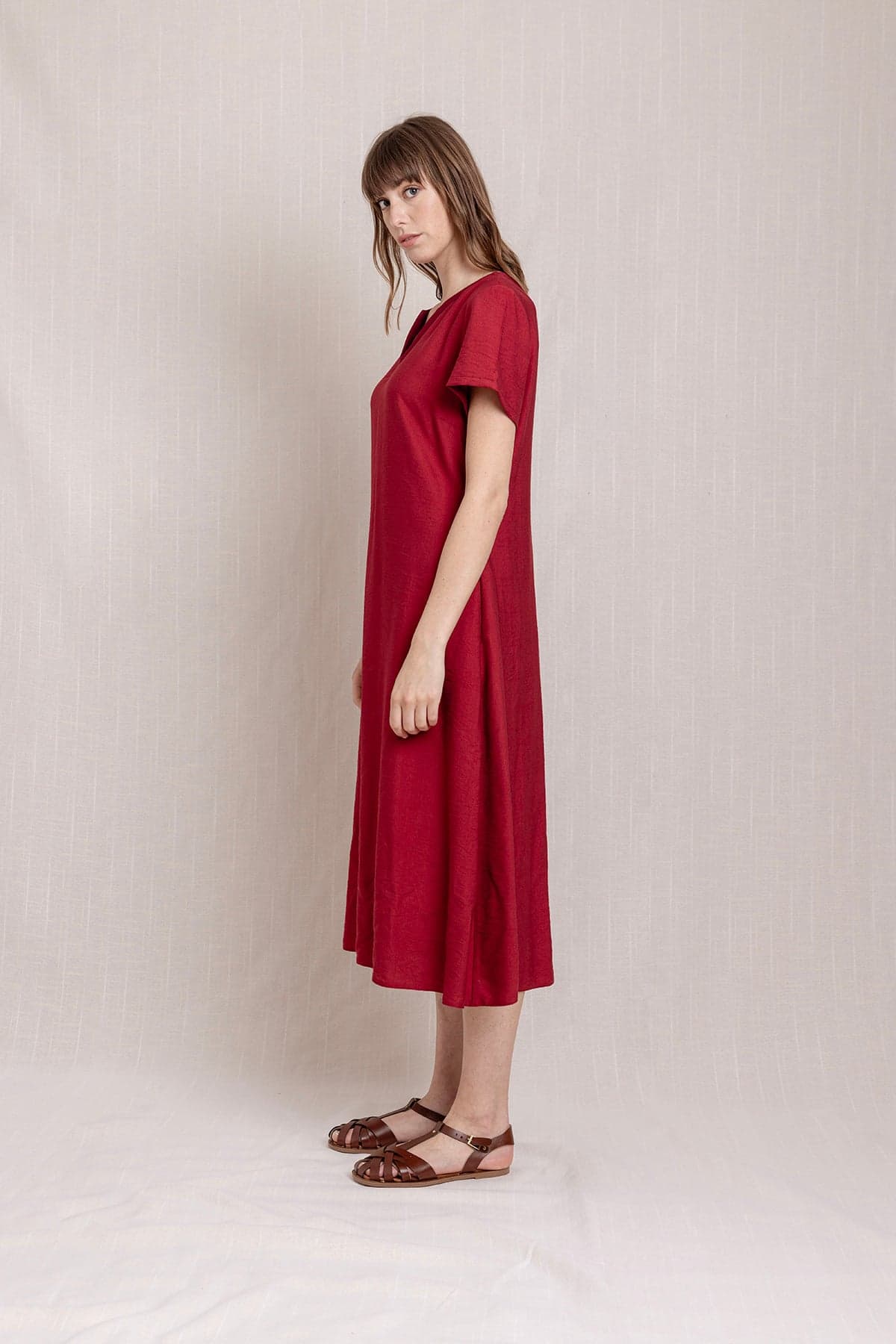 Red V-Neck Pocket Linen Dress