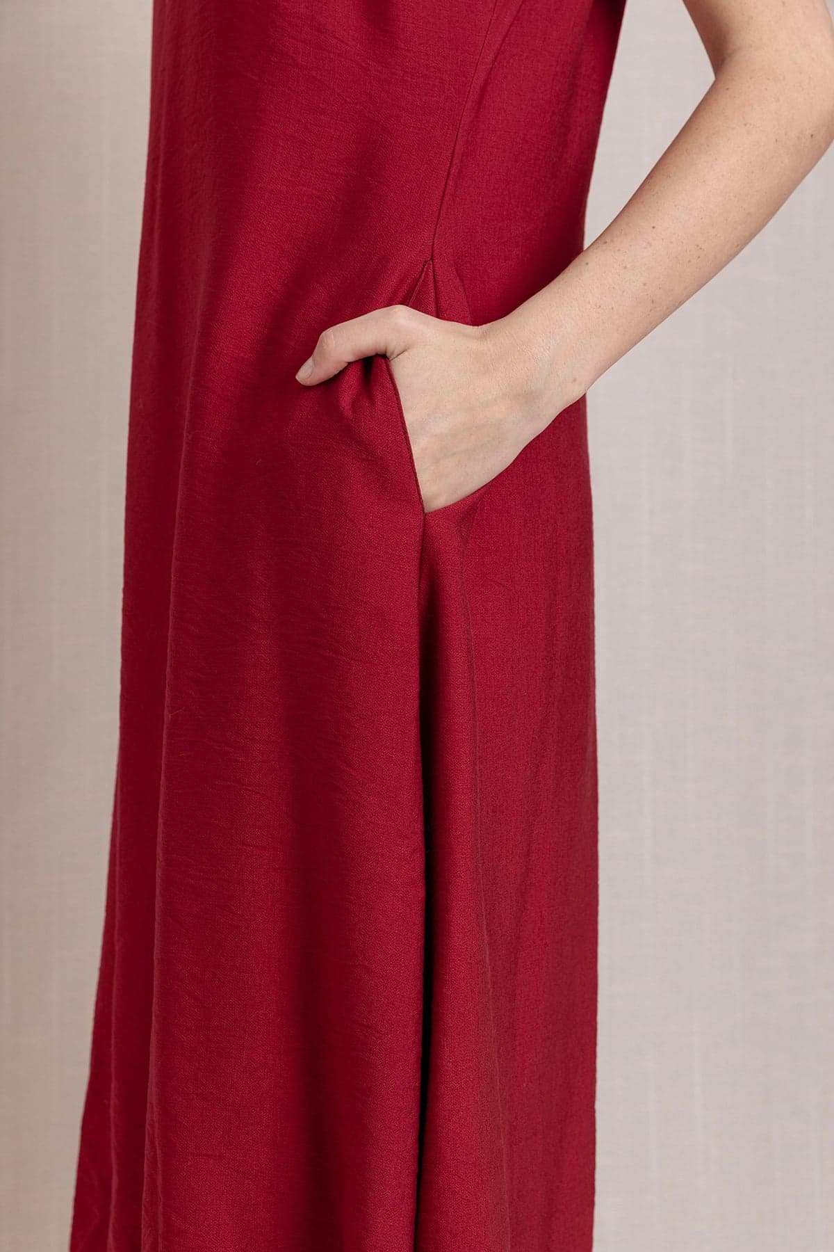 Red V-Neck Pocket Linen Dress