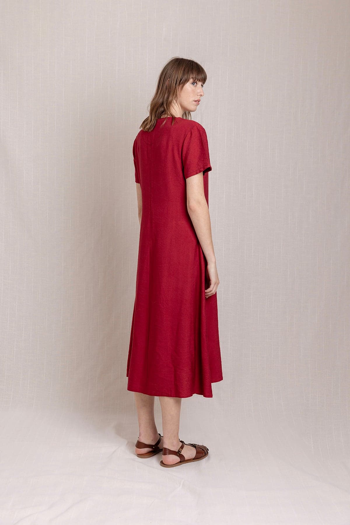 Red V-Neck Pocket Linen Dress