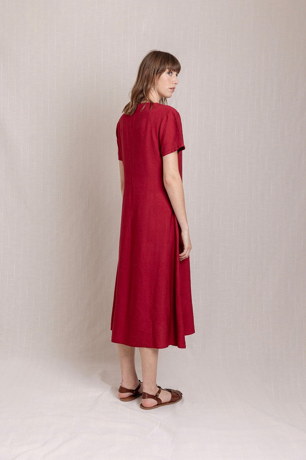 Red V-Neck Pocket Linen Dress